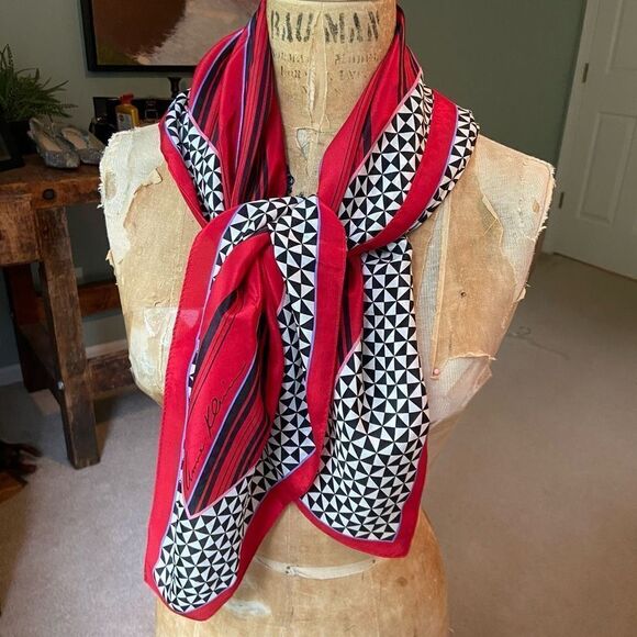 Vintage Anne Klein Extra Large Silk Scarf Red, Black, & White Geometric Houndsto - Picture 3 of 8